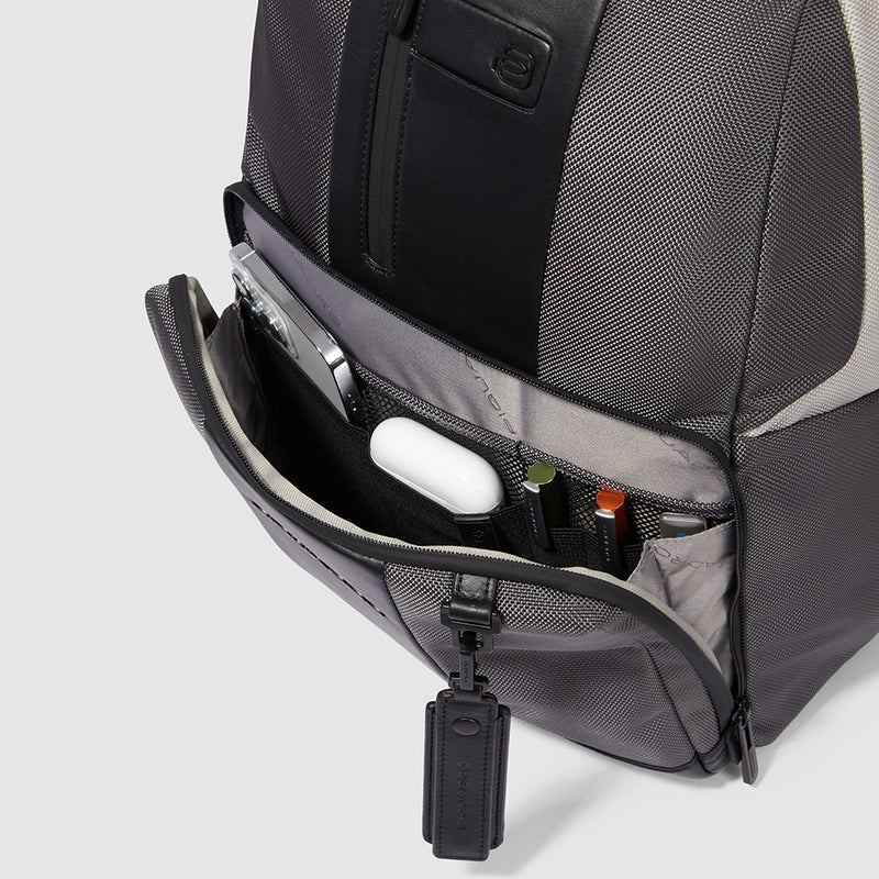 Zaini Piquadro Zaino Medio Porta Pc Ipad In Tessuto Grigio e Inserti Pelle Nera