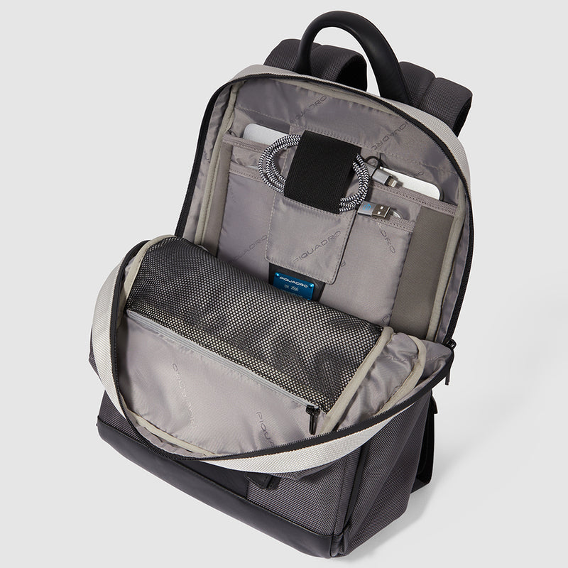 Zaini Piquadro Zaino Medio Porta Pc Ipad In Tessuto Grigio e Inserti Pelle Nera