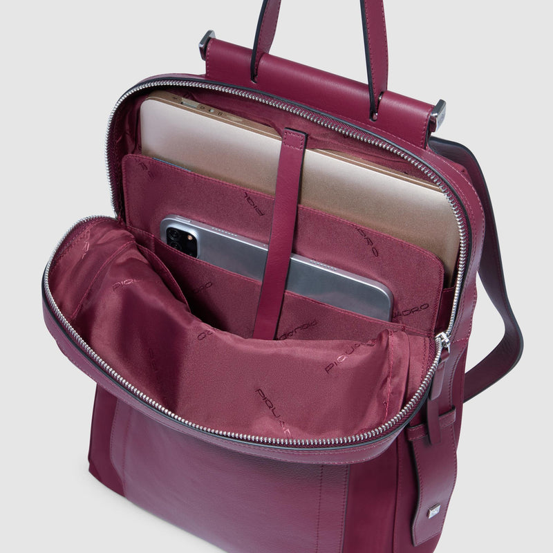 Zaino Piquadro Donna Grande Porta Pc Ipad Tessuto Tasca Frontale Inserti Pelle Borgogna