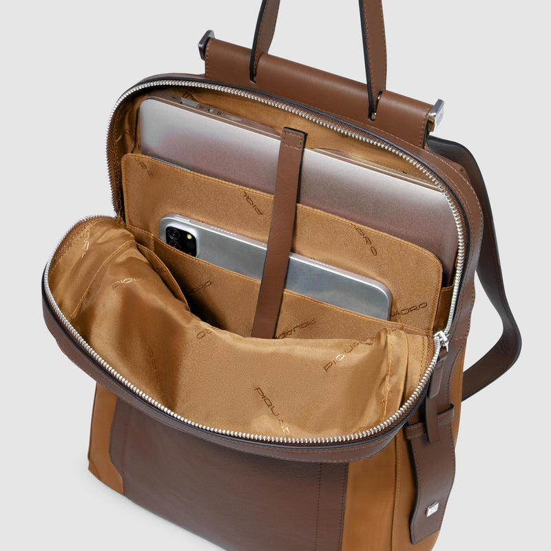 Zaino Piquadro Donna Grane Porta Pc Ipad Tessuto Tasca Frontale Inserti Pelle Cuoio