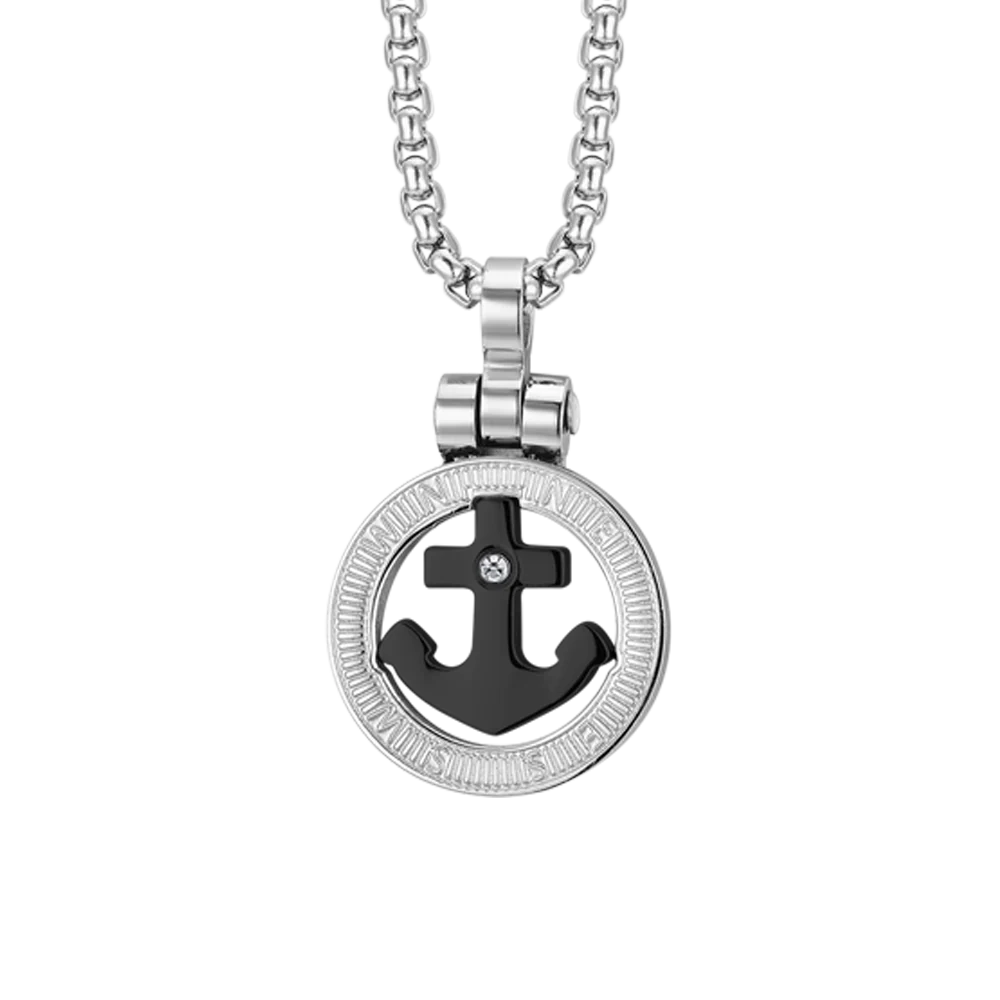 Collana Uomo Luca Barra Acciaio Pendente Cerchio Ancora Pvd Nero E Cristallo