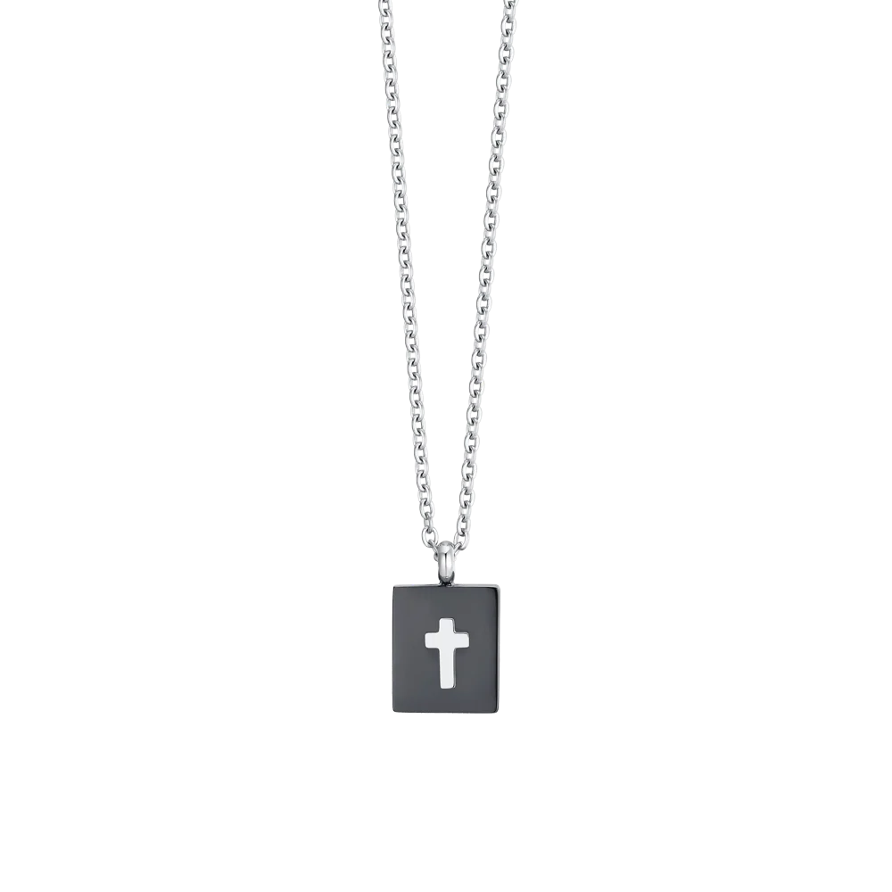 Collana Uomo Luca Barra con Pendente Rettangolare PVD Nero + Croce in acciaio