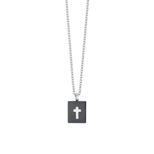 Collana Uomo Luca Barra con Pendente Rettangolare PVD Nero + Croce in acciaio