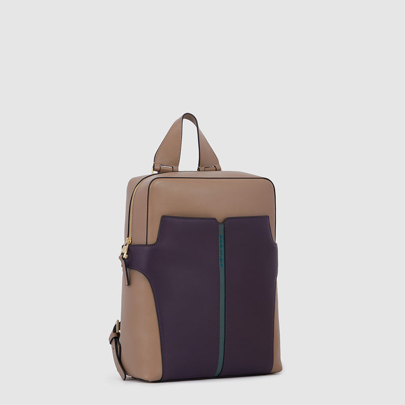 Zaini Piquadro Zaino Donna Piccolo Porta Pc Ipad In Pelle Color Tortora Inserti Viola Verde