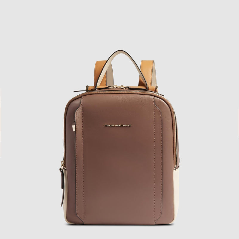 Zaino Piquadro Donna Porta Pc Ipad Doppio Scomparto Tasca Frontale Pelle Marrone/Beige