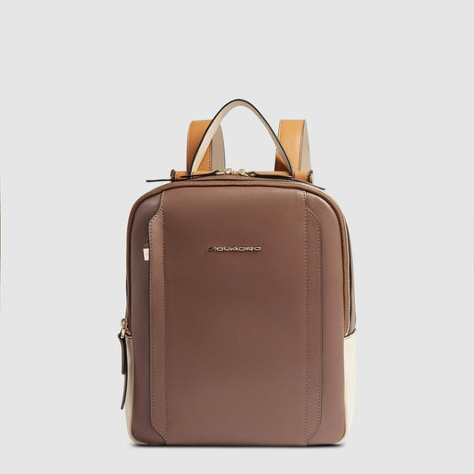 Zaino Piquadro Donna Porta Pc Ipad Doppio Scomparto Tasca Frontale Pelle Marrone/Beige