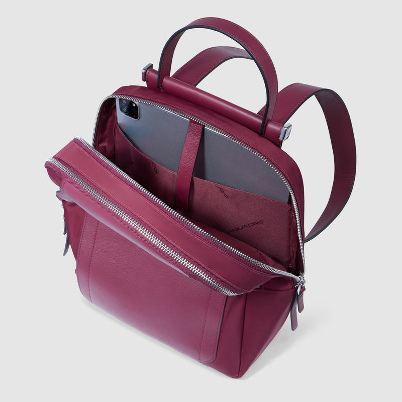 Zaino Piquadro Donna Porta Pc Ipad Doppio Scomparto Tasca Frontale Tessuto Inserti Pelle Borgogna