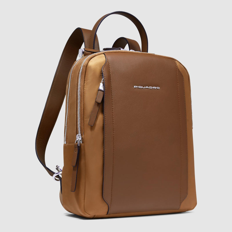 Zaino Piquadro Donna Porta Pc Ipad Doppio Scomparto Tasca Frontale Tessuto Inserti Pelle Cuoio