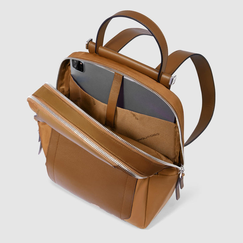 Zaino Piquadro Donna Porta Pc Ipad Doppio Scomparto Tasca Frontale Tessuto Inserti Pelle Cuoio