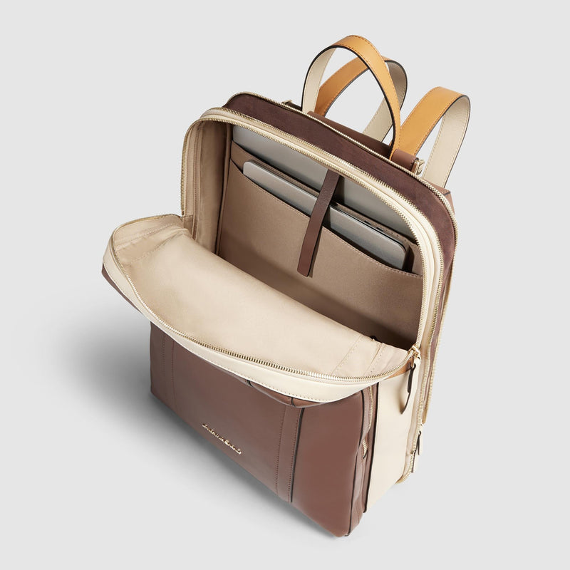 Zaino Piquadro Donna Porta Pc Ipad Doppio Scomparto Tasca Frontale Pelle Marrone/Beige