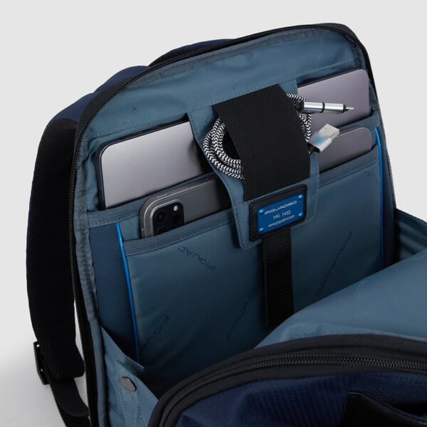 Zaini Piquadro Zaino Grande Porta Pc Ipad Tessuto Blu Inserti Pelle Nera