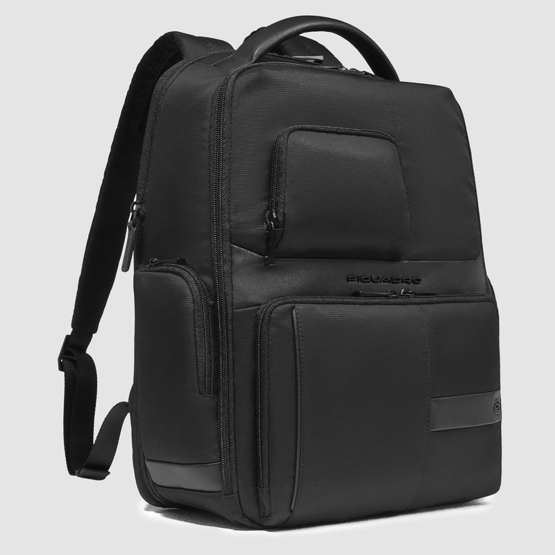 Zaino Piquadro Uomo Porta Pc Ipad Doppio Scomparto Tasca Frontale Tessuto Gommato Nero