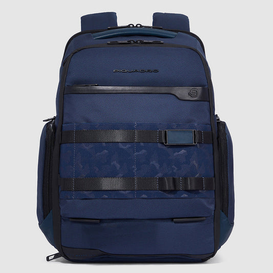 Zaini Piquadro Zaino Grande Porta Pc Ipad In Tessuto Blu Ed Inserti Pelle Nera