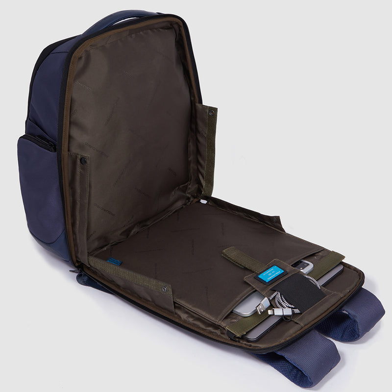 Zaini Piquadro Zaino Grande Porta Pc Ipad In Tessuto Blu Ed Inserti Pelle Nera