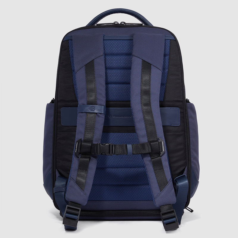 Zaini Piquadro Zaino Grande Porta Pc Ipad In Tessuto Blu Ed Inserti Pelle Nera