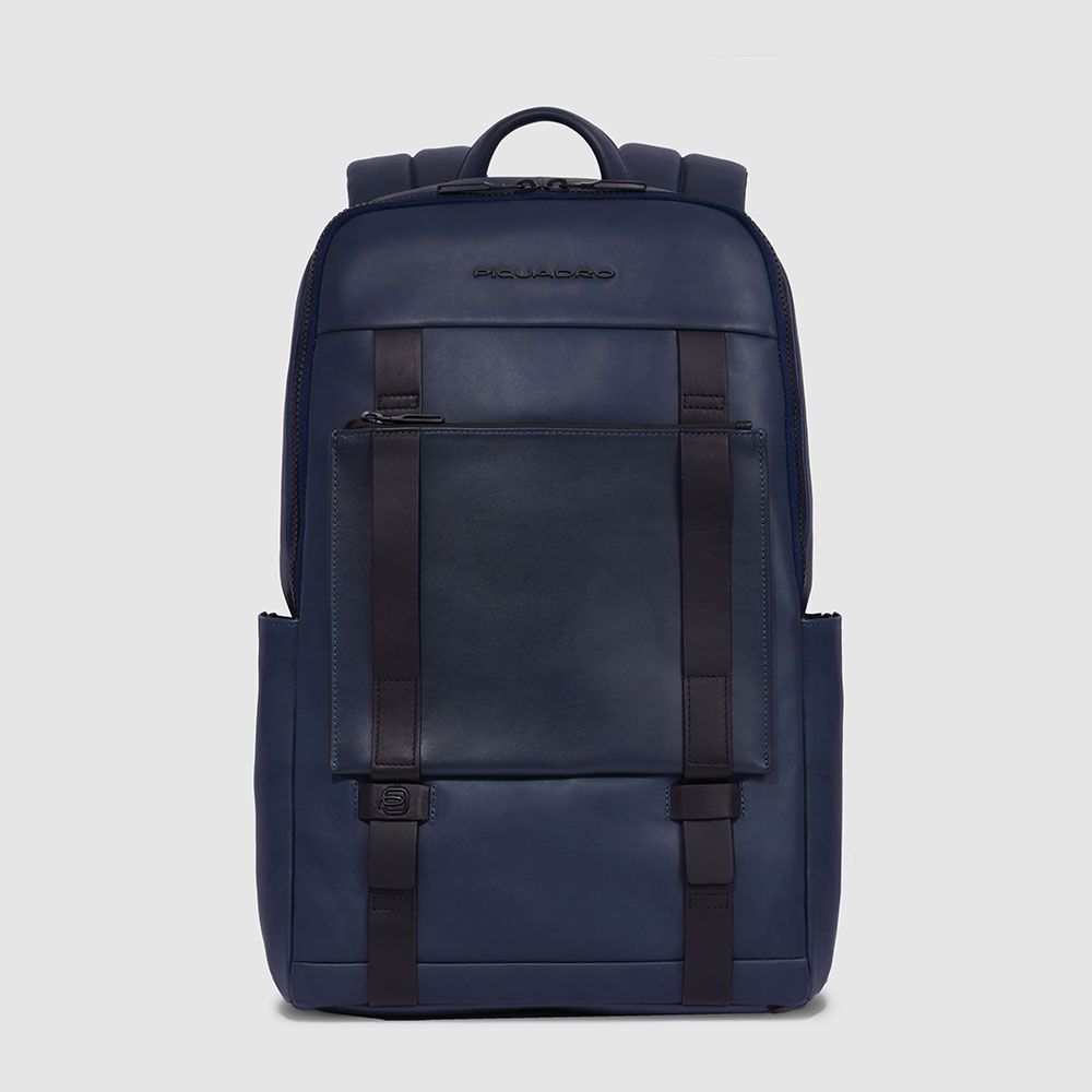 Zaini Piquadro Zaino Porta Pc Ipad In Pelle Blu Inserti Neri