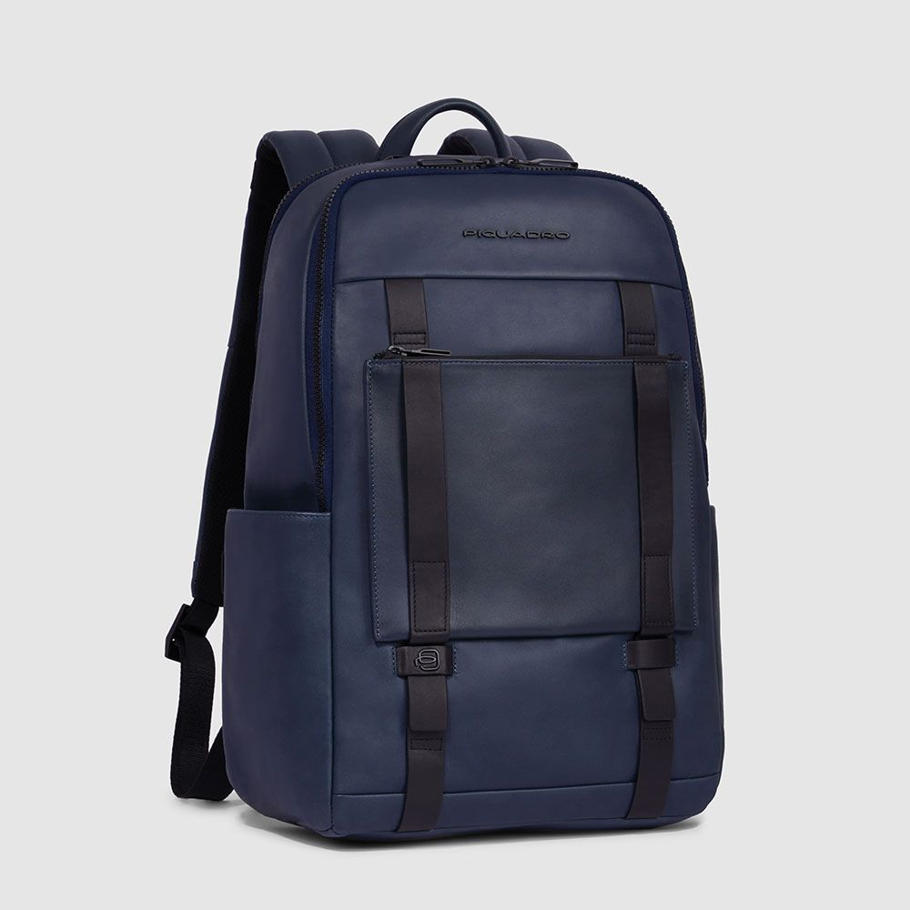 Zaini Piquadro Zaino Porta Pc Ipad In Pelle Blu Inserti Neri