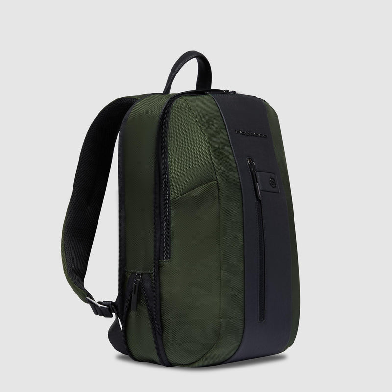 Zaini Piquadro Zaino Porta Pc Ipad Doppio Scomparto Tessuto Verde Inserti Pelle Nera
