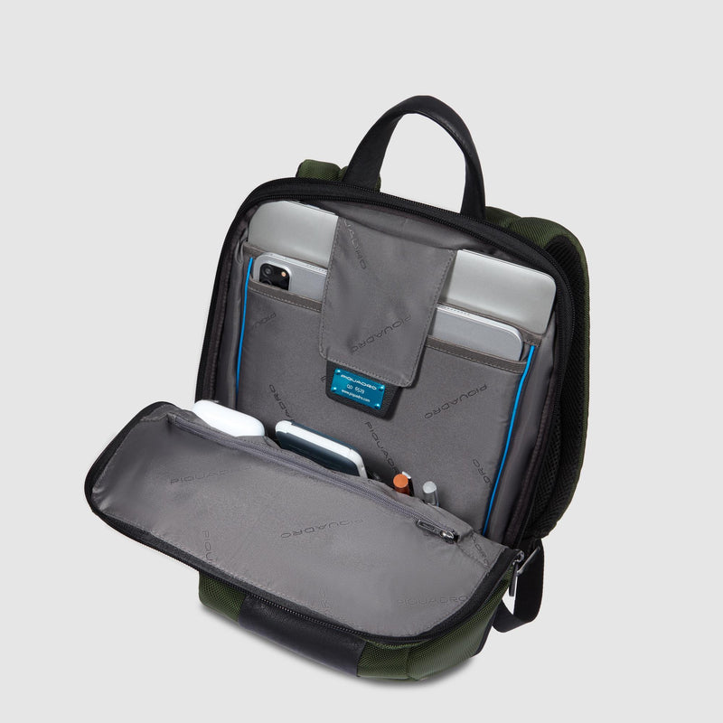 Zaini Piquadro Zaino Porta Pc Ipad Doppio Scomparto Tessuto Verde Inserti Pelle Nera