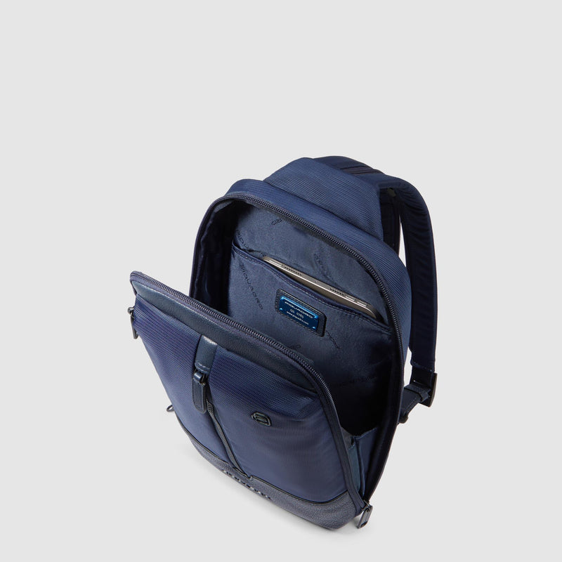 Monospalla Piquadro Zaino Porta Mini Ipad Tasche Frontali Tessuto Inserti Pelle Blu