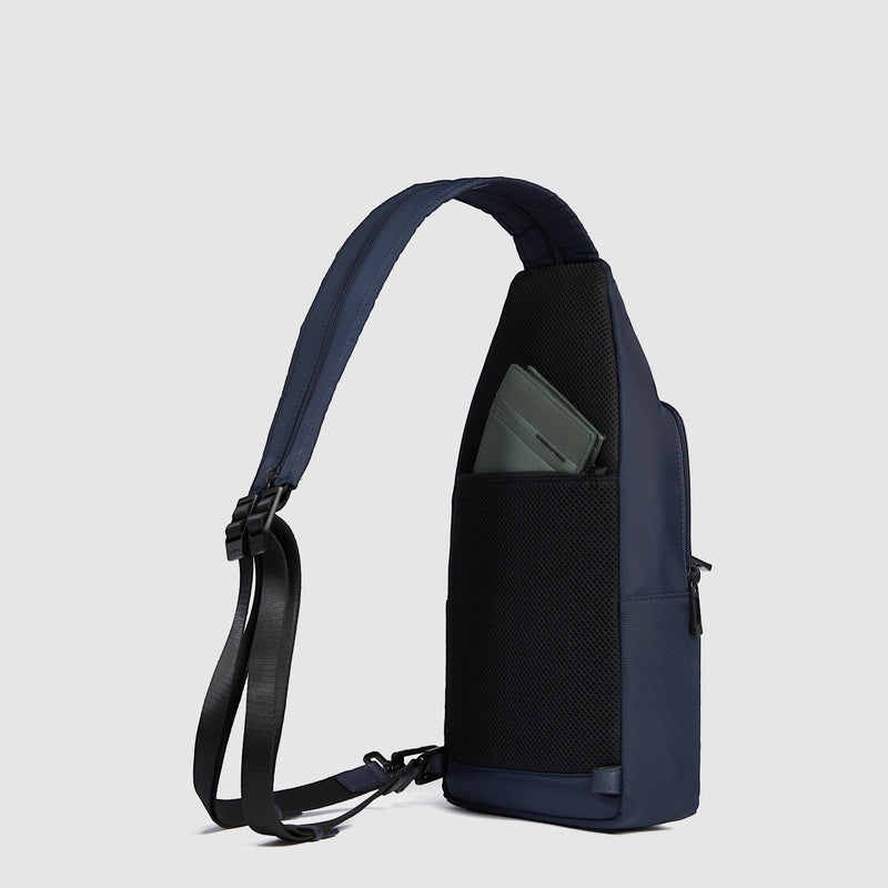 Monospalla Piquadro Uomo Porta Ipad Tasca Frontale Tessuto Inserti Pelle Blu