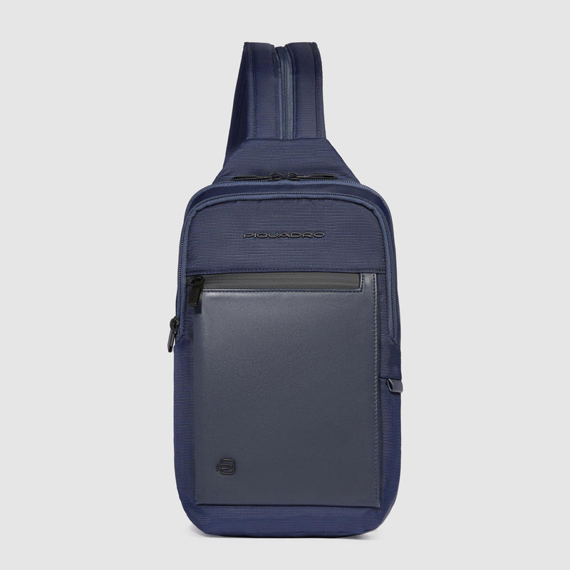 Monospalla Piquadro Zaino Porta Ipad Doppio Scomparto Tasca Frontale Tessuto Inserto Pelle Blu