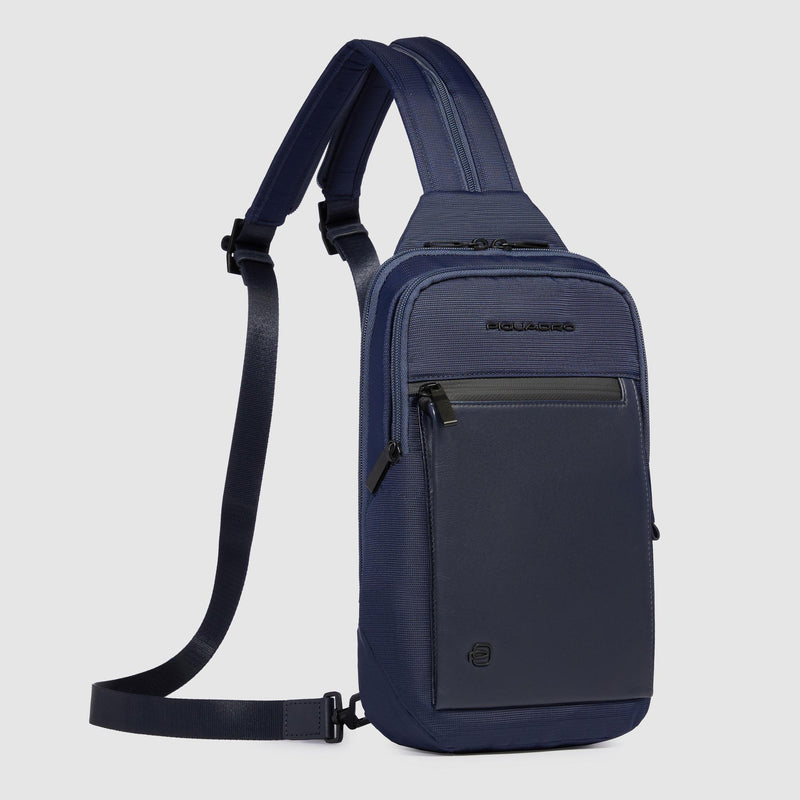 Monospalla Piquadro Zaino Porta Ipad Doppio Scomparto Tasca Frontale Tessuto Inserto Pelle Blu