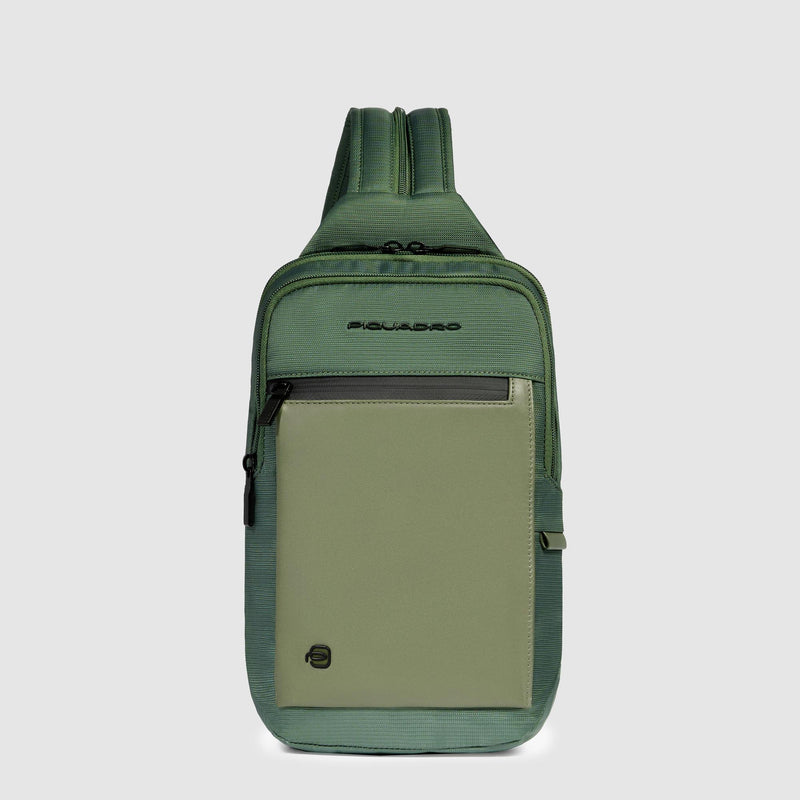 Monospalla Piquadro Zaino Porta Ipad Doppio Scomparto Tasca Frontale Tessuto Inserto Pelle Verde