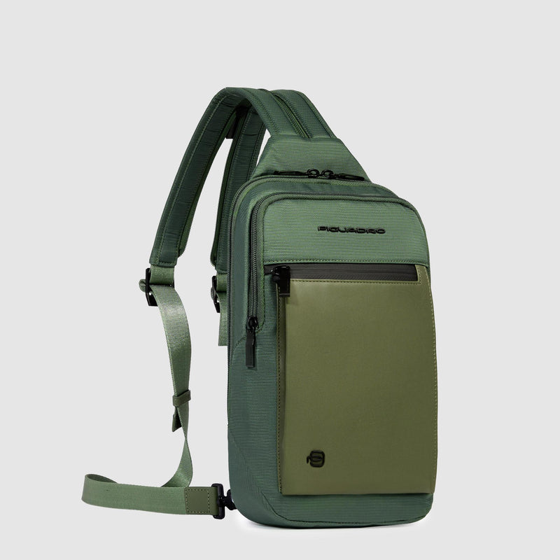 Monospalla Piquadro Zaino Porta Ipad Doppio Scomparto Tasca Frontale Tessuto Inserto Pelle Verde