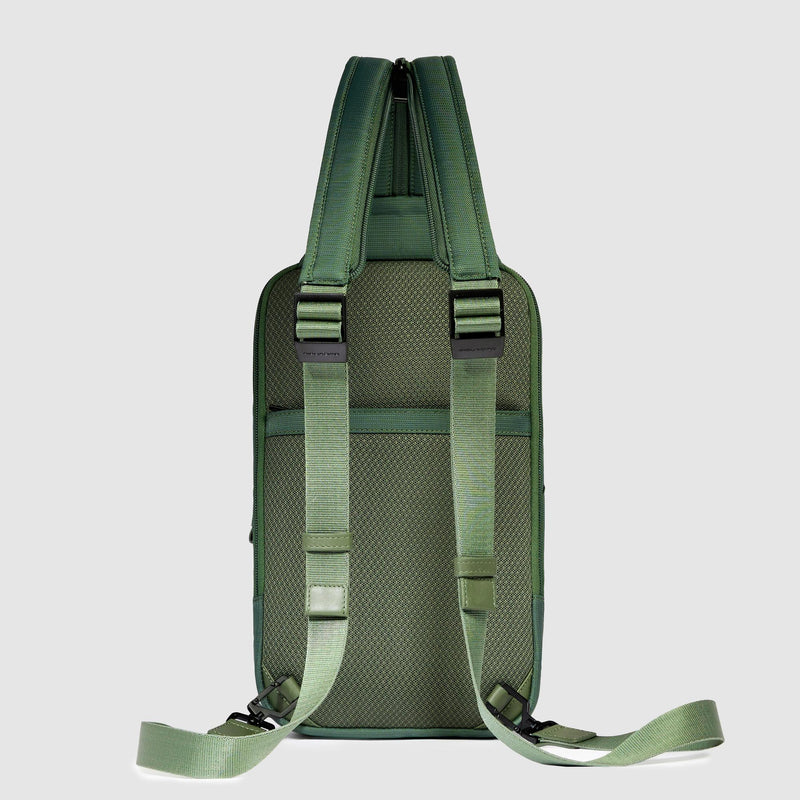 Monospalla Piquadro Zaino Porta Ipad Doppio Scomparto Tasca Frontale Tessuto Inserto Pelle Verde