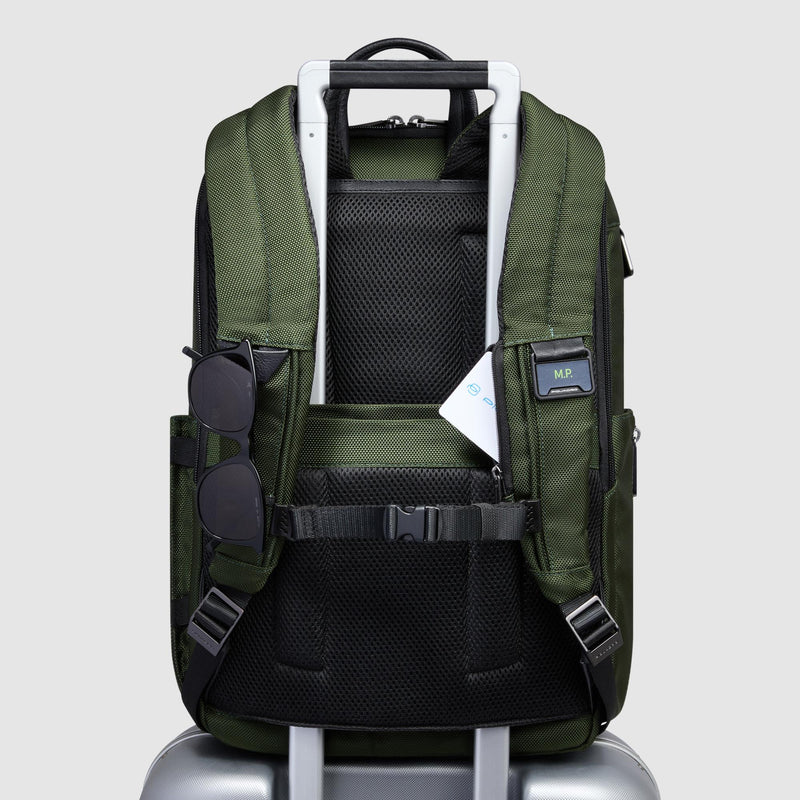 Zaini Piquadro Zaino Porta Pc Ipad Doppio Scomparto Tessuto Verde Inserti Pelle Nera