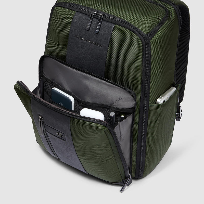 Zaini Piquadro Zaino Porta Pc Ipad Doppio Scomparto Tessuto Verde Inserti Pelle Nera