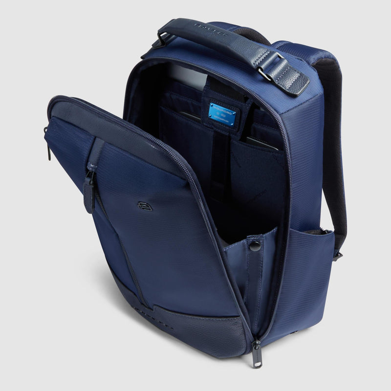 Zaini Piquadro Zaino Uomo Porta Pc Ipad Due Tasche Frontali Tessuto Inserti Pelle Blu
