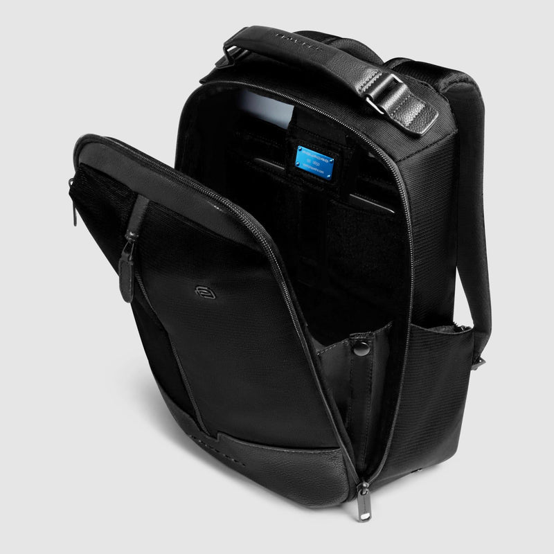 Zaini Piquadro Zaino Uomo Porta Pc Ipad Due Tasche Frontali Tessuto Inserti Pelle Nera