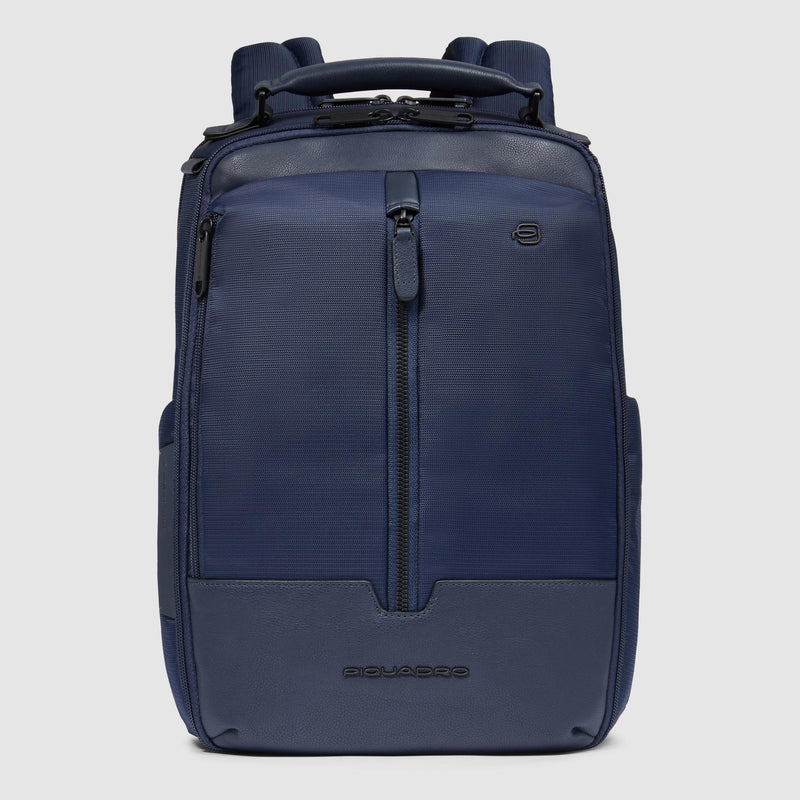 Zaini Piquadro Zaino Uomo Porta Pc Ipad Doppio Scomparto Due Tasche Frontali Tessuto Inserti Pelle Blu