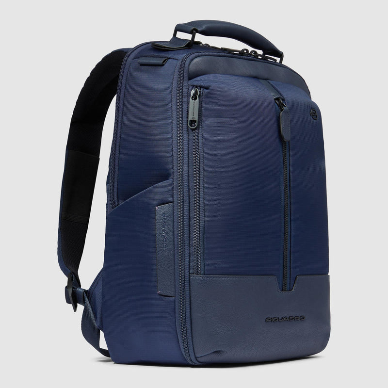 Zaini Piquadro Zaino Uomo Porta Pc Ipad Doppio Scomparto Due Tasche Frontali Tessuto Inserti Pelle Blu