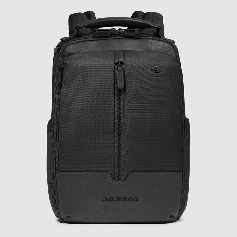 Zaino Piquadro Uomo Porta Pc Ipad Tasche Frontali Laterali Tessuto Inserti Pelle Nera