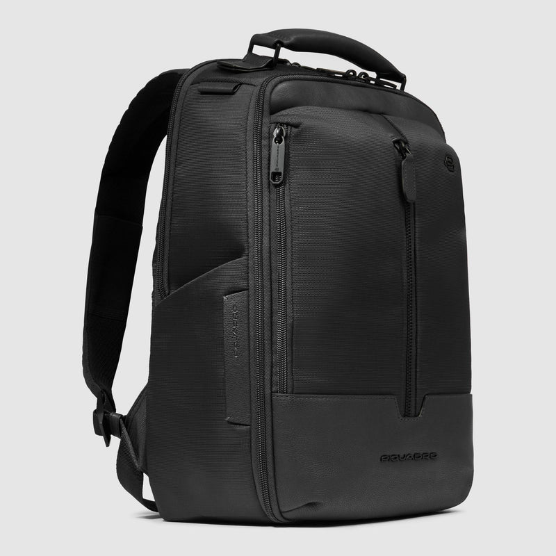 Zaino Piquadro Uomo Porta Pc Ipad Tasche Frontali Laterali Tessuto Inserti Pelle Nera