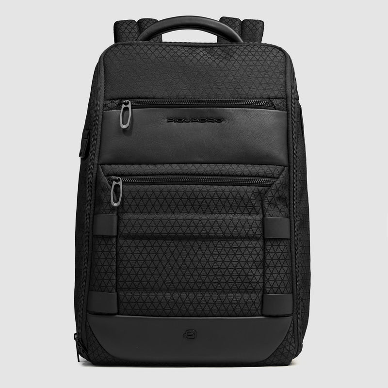Zaini Piquadro Zaino Uomo Porta Pc Ipad Doppio Scomparto Due Tasche Frontali Tessuto Stampato Inserti Pelle Nera
