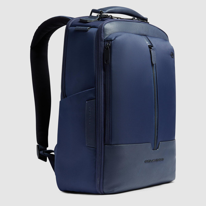 Zaini Piquadro Zaino Uomo Porta Pc Ipad Doppio Scomparto Due Tasche Frontali Tessuto Inserti Pelle Blu