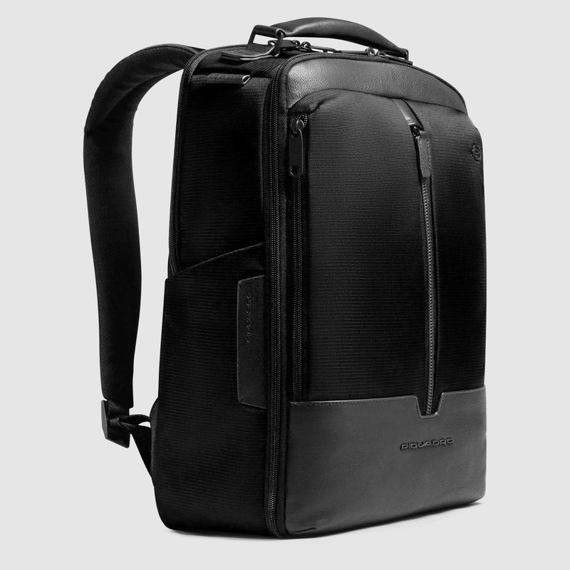 Zaini Piquadro Zaino Uomo Porta Pc Ipad Doppio Scomparto Due Tasche Frontali Tessuto Inserti Pelle Nera