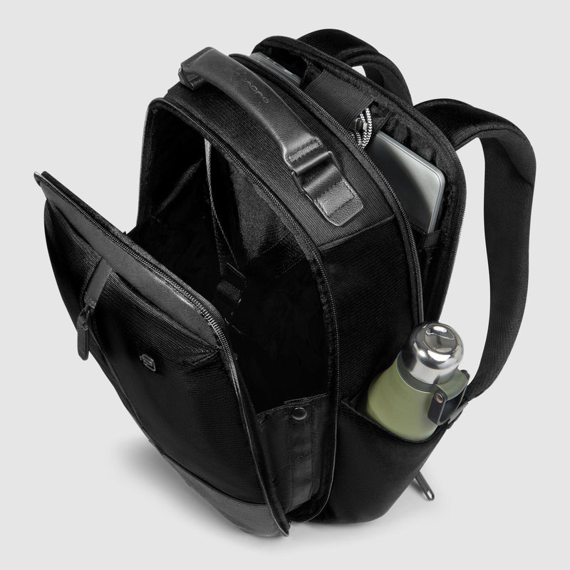 Zaini Piquadro Zaino Uomo Porta Pc Ipad Doppio Scomparto Due Tasche Frontali Tessuto Inserti Pelle Nera