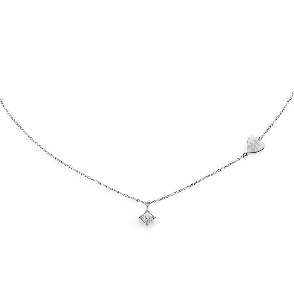 Collana Lebebé Per Sempre Oro Bianco 18 Kt Pendente Punto Luce Diamante Targhetta Cuore Sagoma Bimba