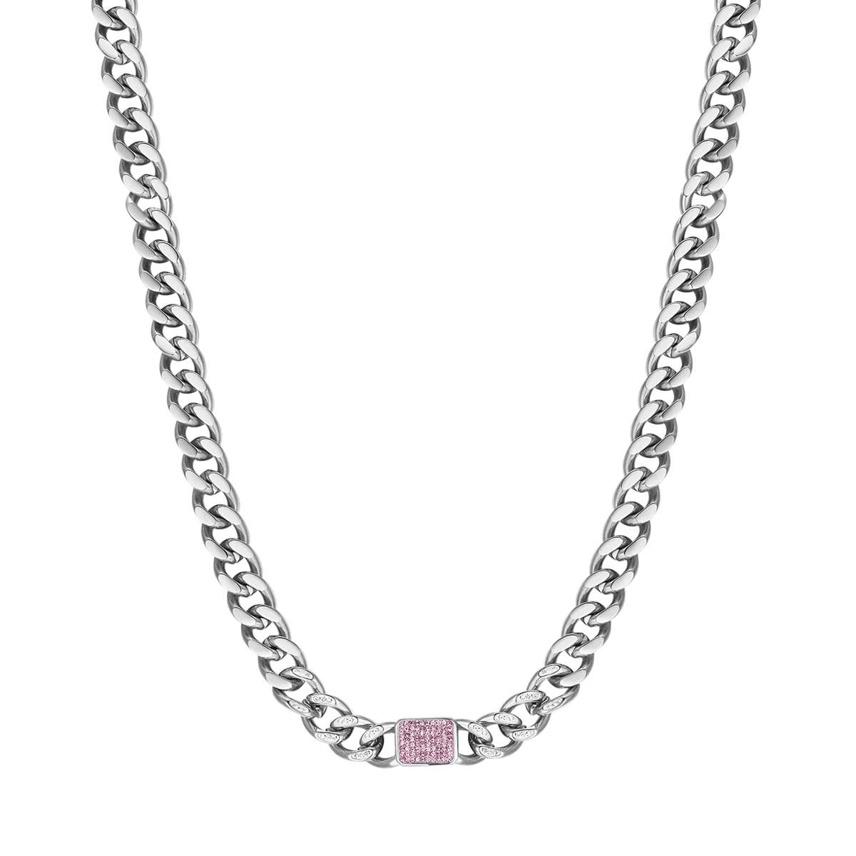 Collana Luca Barra Acciaio Maglia Grumetta Cristalli Ed Inserto Rettangolare Rosa