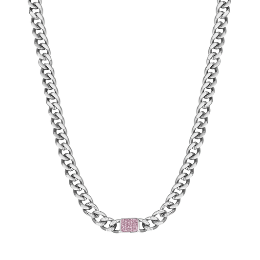 Collana Luca Barra Acciaio Maglia Grumetta Cristalli Ed Inserto Rettangolare Rosa