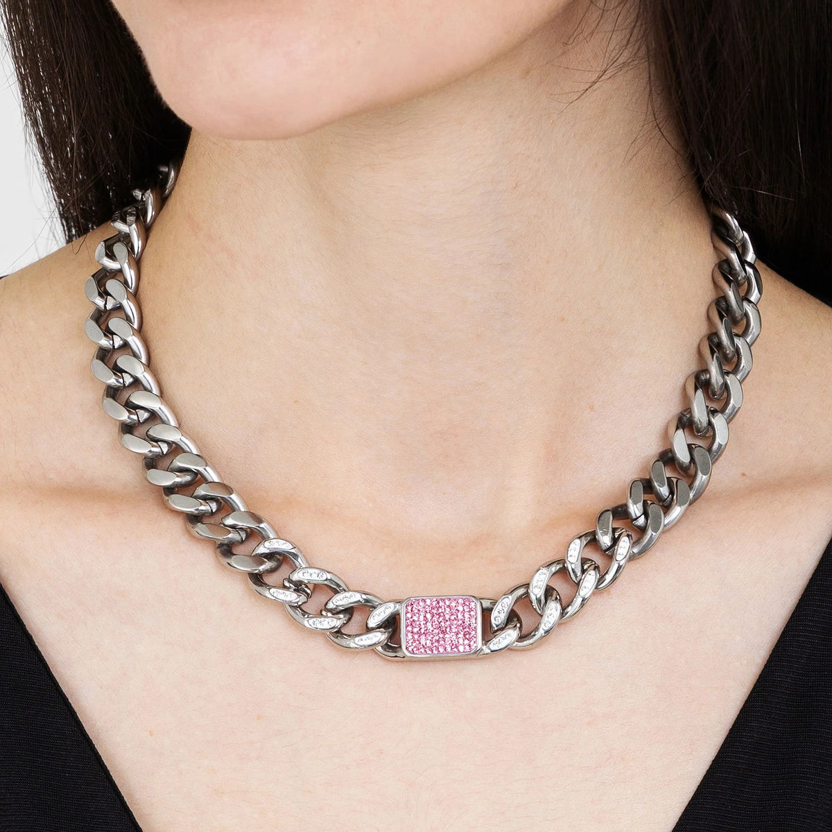 Collana Luca Barra Acciaio Maglia Grumetta Cristalli Ed Inserto Rettangolare Rosa