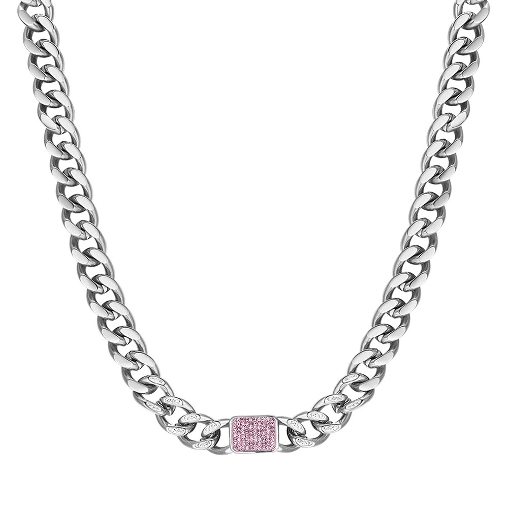 Collana Luca Barra Acciaio Maglia Grumetta Cristalli Ed Inserto Rettangolare Rosa
