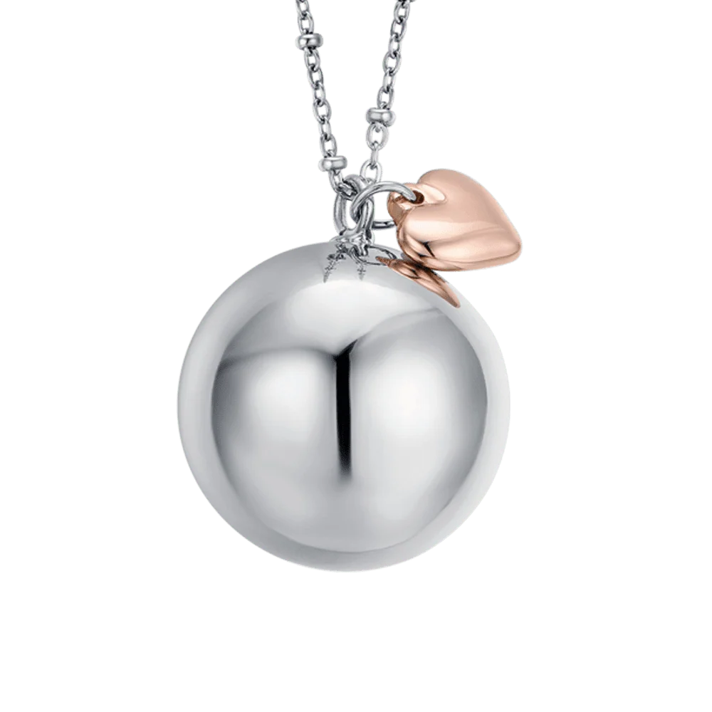 Collana Chiama Angeli Luca Barra Acciaio Con Pendente Sfera e Charm Cuore Pvd Oro Rosa