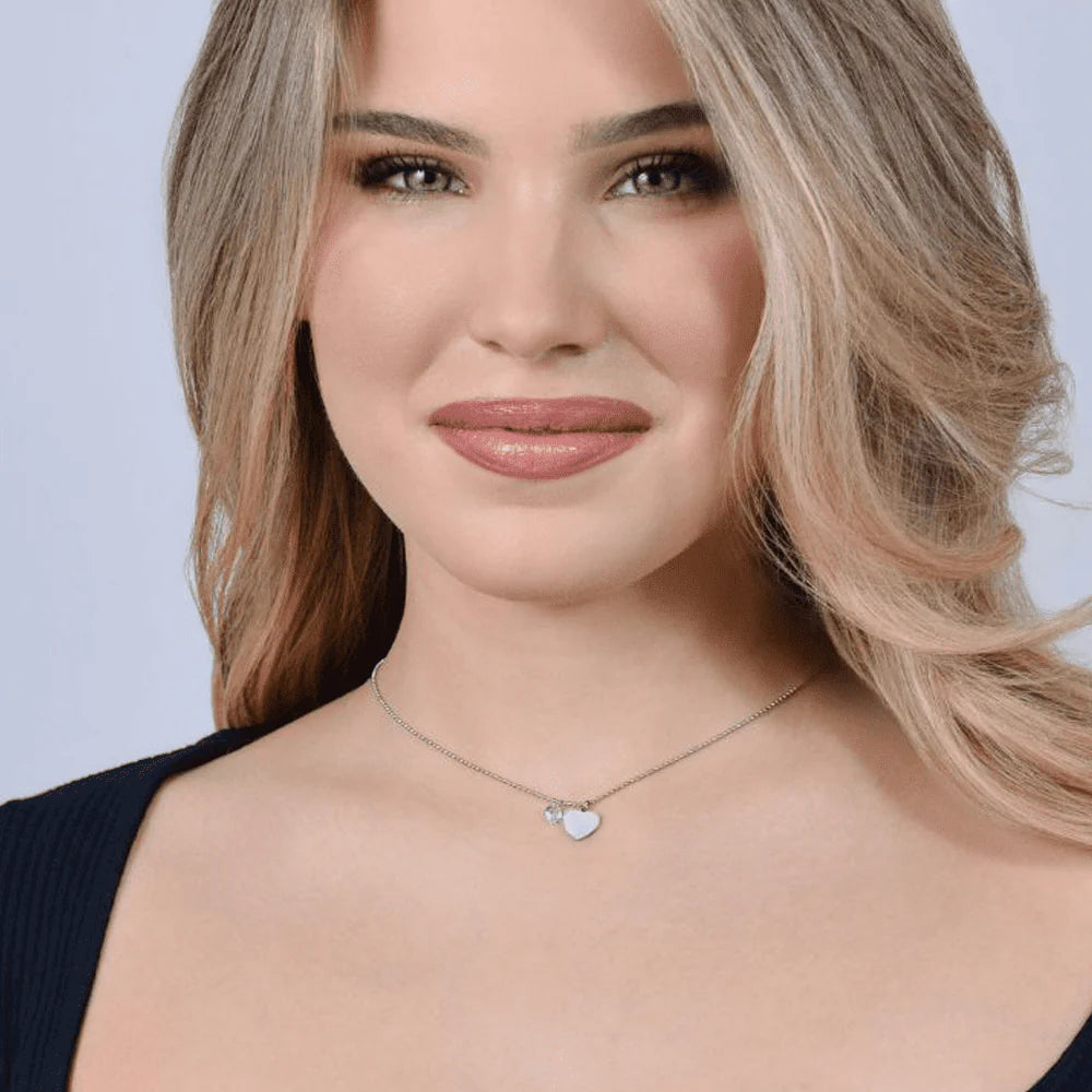 Collana Luca Barra Acciaio Pendenti Cuore Smalto Bianco e  Zircone