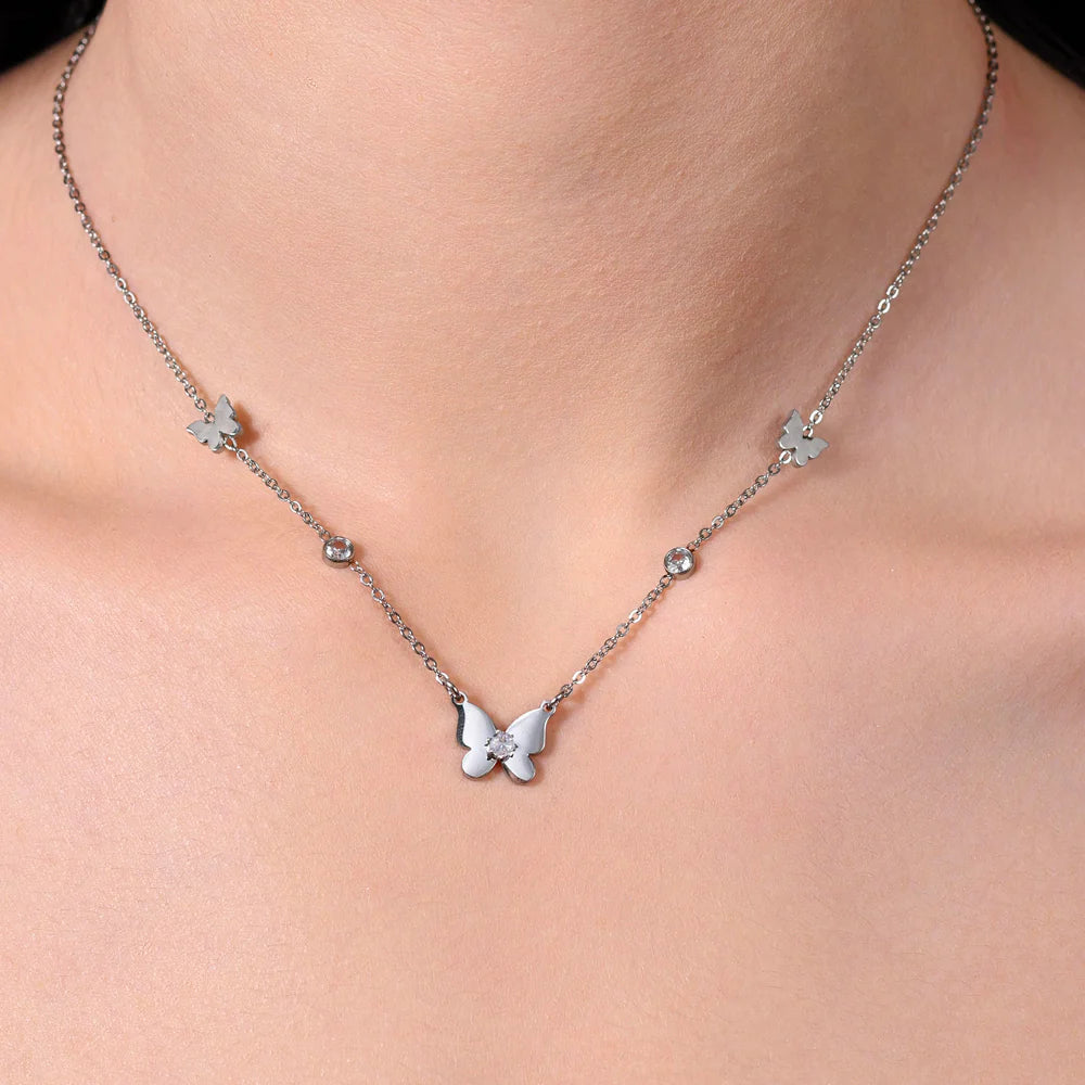 Collana Luca Barra Summer 24 Acciaio Farfalle e Punti Luce